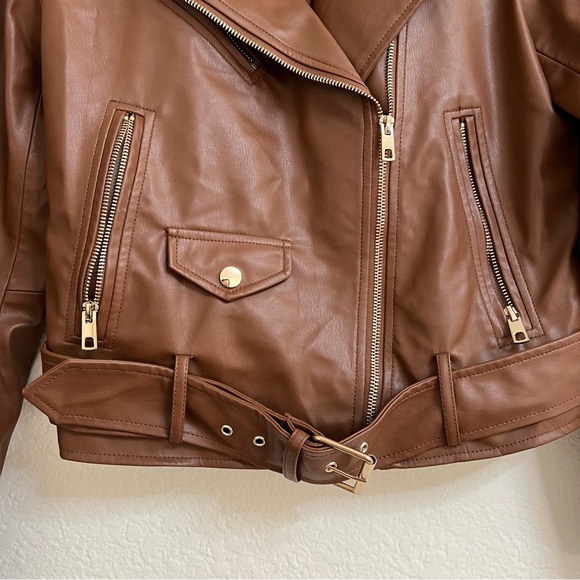 Zara Brown Faux Leather Biker Jacket Gold Zippers, Size M - Picture 3 of 6